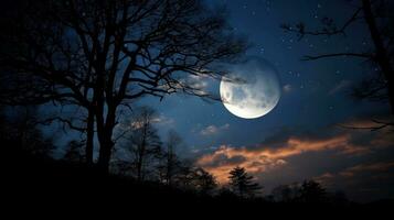 paesaggio con Luna nel notte volta. notte cielo con stelle e silhouette fotografo prendere foto su il montagna, generativo ai illustrazione