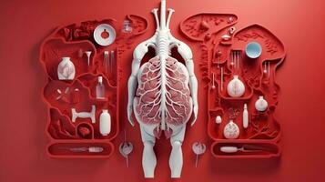 3d illustrazione modello di il umano organo sistema, anatomia, nervoso, circolatorio, digestivo, escretore, urinario e osso sistemi. medico formazione scolastica concetto, generativo ai illustrazione foto