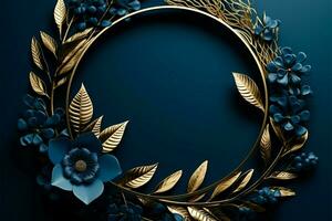blu eleganza con d'oro cerchio foglie, natura ispirato bellezza nel design ai generato foto