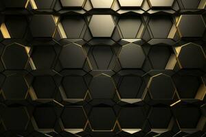 lusso esagonale astratto nero metallo sfondo con d'oro leggero Linee - moderno 3d geometrico struttura, ai generato foto