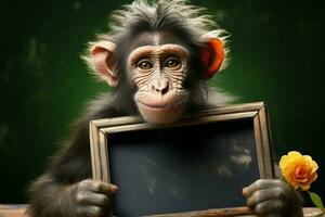 scimmia artista detiene un' lavagna, in mostra artistico talenti con un' Sorridi ai generato foto