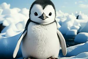 con gli occhi grandi pinguino si siede con calma su il freddo, nevoso antartico superficie ai generato foto
