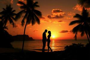 un' romantico coppia sta prima un' tramonto, incorniciato di palma alberi' sagome ai generato foto