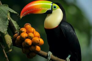 toco tucano Ramphastos toco assaporando un' Mango nel pantanale, Sud America ai generato foto