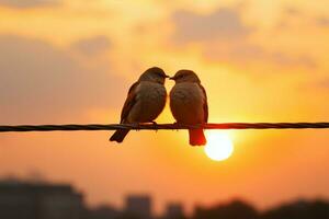 amorevole uccello coppia staglia su fili contro un' pittoresco tramonto ai generato foto