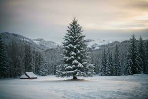 tranquillo inverno scena con illuminato Natale albero nel un' nevoso foresta ai generativo foto