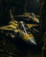 foto abbandonato militare aereo seduta nel coperto di vegetazione foresta polveroso e sporco ai generato