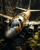 foto di abbandonato aereo nel il foresta ai generato