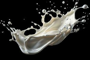 foto fluente e spruzzi liquido latte su nero generativo ai