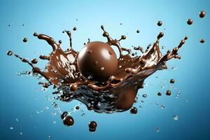 foto liquido cioccolato spruzzo su blu sfondo generativo ai