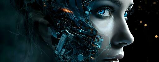 foto artificiale intelligenza femmina robot con blu raggiante leggero generativo ai