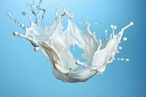 foto latte spruzzo naturale latteria Prodotto, Yogurt o crema spruzzo isolato su blu generativo ai