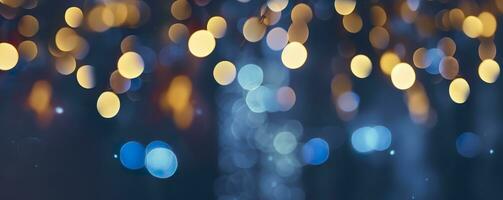 vacanza illuminazione e decorazione concetto, Natale ghirlanda bokeh luci al di sopra di buio blu sfondo. ai generato foto