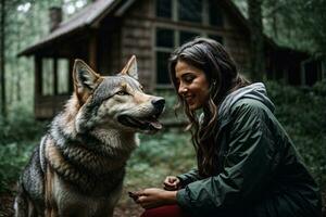 donne e un' lupo avendo bene tempo nel il foresta ai generativo foto