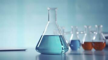 un' scienza coppa nel il laboratorio su un' tavolo bianca e leggero blu sfondo. laboratorio attrezzatura su di messa a fuoco. ai generativo foto