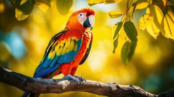 colorato pappagallo arroccato su albero ramo foto