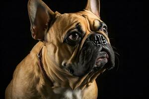 ritratto di cane francese bulldog su nero sfondo. neurale Rete ai generato foto