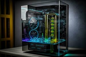 moderno quantistico computer nel un' bicchiere Astuccio. neurale Rete ai generato foto