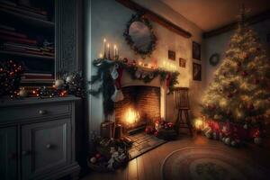 bellissimo accogliente Natale interno con un' il camino. neurale Rete ai generato foto