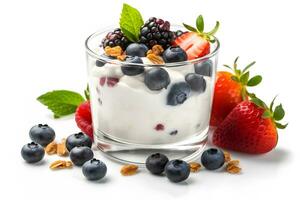 salutare colazione, naturale Yogurt con fresco frutti di bosco e muesli. neurale Rete ai generato foto