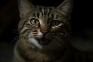 ritratto di un' miagolando soriano gatto. neurale Rete ai generato foto