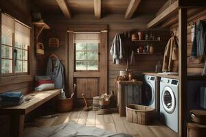 moderno lavaggio macchine nel un' di legno interno. neurale Rete ai generato foto