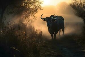 Toro nel il selvaggio, paesaggio con tramonto o Alba. neurale Rete ai generato foto