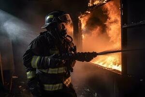 i vigili del fuoco spruzzatura acqua nel fuoco combattente operazione, fuoco e salvare formazione scuola regolarmente. neurale Rete ai generato foto