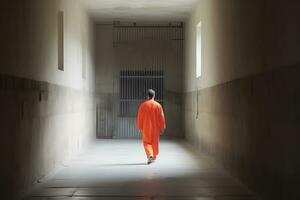 prigioniero nel arancia prigione completo da uomo nel corridoio. neurale Rete ai generato foto