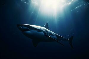 grande bianca squalo in posa nel il in profondità blu acqua. neurale Rete ai generato foto