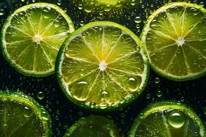 bagnato Limes e fette di Limes con acqua deops su un' buio di legno sfondo. neurale Rete ai generato foto