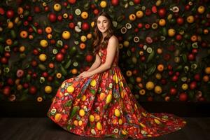 alla moda donna nel frutta stile vestire. neurale Rete ai generato foto