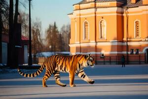 urbano tigre apocalisse. un' tigre a piedi attraverso urbano rovine nel un' post-apocalisse piace ambientazione. neurale Rete ai generato foto