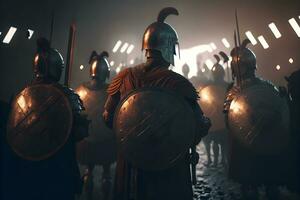 un' romano legione era un' grande militare unità di il romano esercito preparazione per battaglia a notte. neurale Rete generato arte foto
