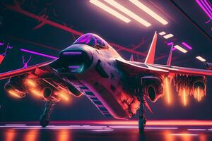 moderno futuristico distruttore Jet nel neon raggiante luce. neurale Rete generato arte foto