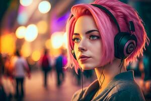 ritratto di giovane ragazza con rosa capelli ascoltando musica con cuffie su città strada. neurale Rete generato arte foto