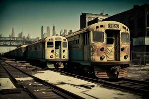 nyc vecchio antiquato metropolitana macchine nel un' la metropolitana deposito nel giorno. neurale Rete generato arte foto