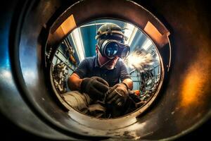 saldatore lavori con industriale settore automobilistico parte nel metallo fabbrica. neurale Rete generato arte foto