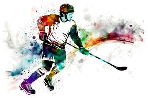 sportivo giocando hockey su acquerello arcobaleno spruzzata. neurale Rete generato arte foto