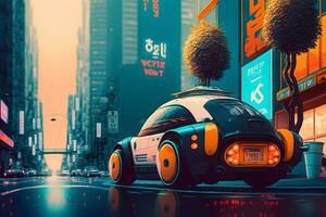 futuristico elettrico macchina, Taxi di il futuro. neurale Rete ai generato foto