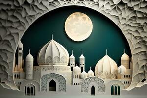 illustrazione di città con moschea su il notte di Ramadan kareem. neurale Rete ai generato foto