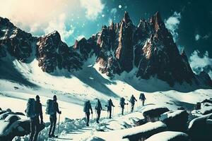 gruppo di turisti nel inverno nel il montagne. lavoro di squadra concetto. neurale Rete ai generato foto