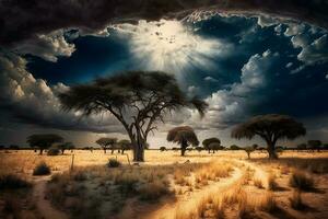 Alba al di sopra di il savana e erba i campi nel Sud Africa con nuvoloso cielo. neurale Rete ai generato foto