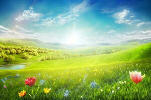 bellissimo paesaggio con verde campo e selvaggio tulipani sotto blu nuvoloso cielo. neurale Rete ai generato foto