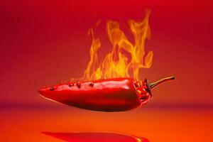 fresco rosso peperoncino Pepe nel fuoco come un' simbolo di ardente sensazione di speziato cibo e spezie. rosso sfondo. neurale Rete ai generato foto
