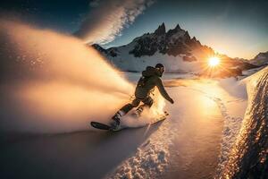 giovane uomo snowboarder in esecuzione giù il pendenza nel alpino montagne. inverno sport e ricreazione. neurale Rete ai generato foto