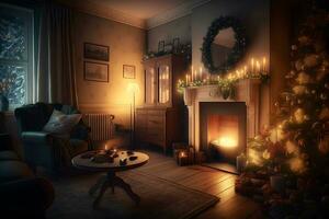 bellissimo accogliente Natale interno con un' il camino. neurale Rete ai generato foto