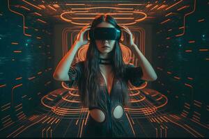 giovane ragazza ottenere Esperienza vr cuffia è utilizzando Augmented la realtà occhiali essere nel virtuale realtà. neurale Rete ai generato foto
