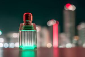 profumo bottiglia su il sfondo di il notte neon città. neurale Rete ai generato foto