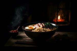 giapponese ramen la minestra con pollo, uovo, erba cipollina e germoglio su buio di legno. neurale Rete ai generato foto